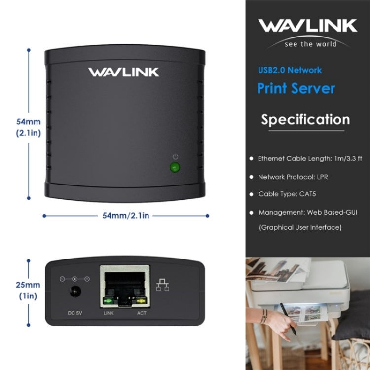 WAVLINK NU72P11 100Mbps Network Print Server USB 2.0 Network Printer Power Adapter(US Plug) - Printer Accessories by WAVLINK | Online Shopping South Africa | PMC TechLife | Buy Now Pay Later Mobicred