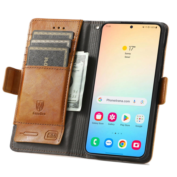 For Samsung Galaxy S25 5G CaseNeo Splicing Dual Magnetic Buckle Leather Phone Case(Khaki) - Galaxy S25 5G Cases by CaseNeo | Online Shopping South Africa | PMC Jewellery | Buy Now Pay Later Mobicred