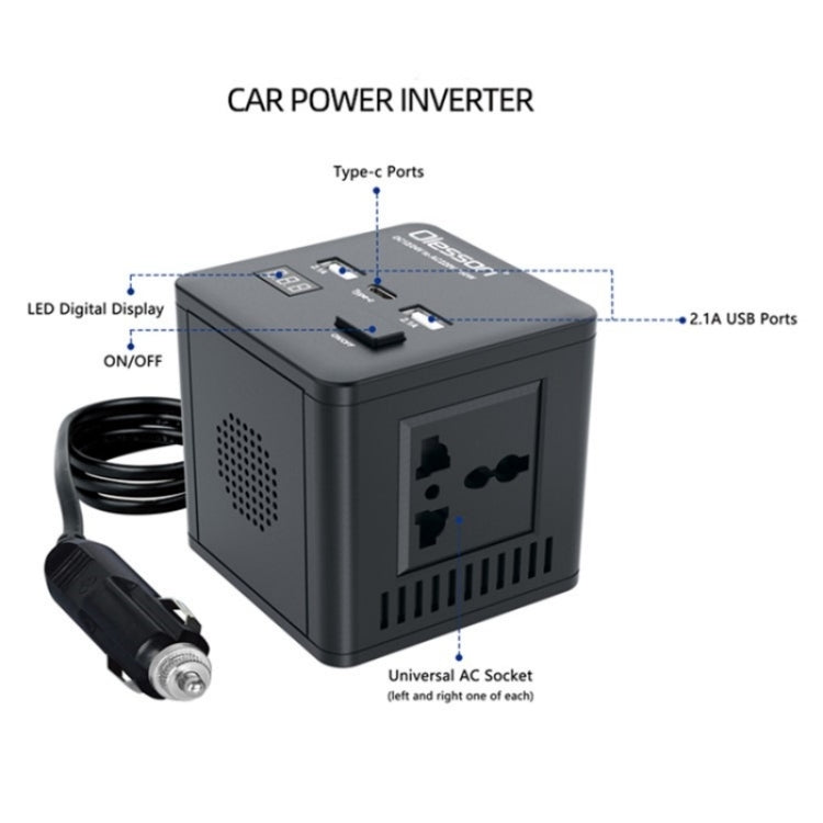 With LED Digital Display Car Power Inverter 150W Power Socket 2Type-C+2USB Car Charger - Car Charger by PMC TechLife | Online Shopping South Africa | PMC TechLife | Buy Now Pay Later Mobicred