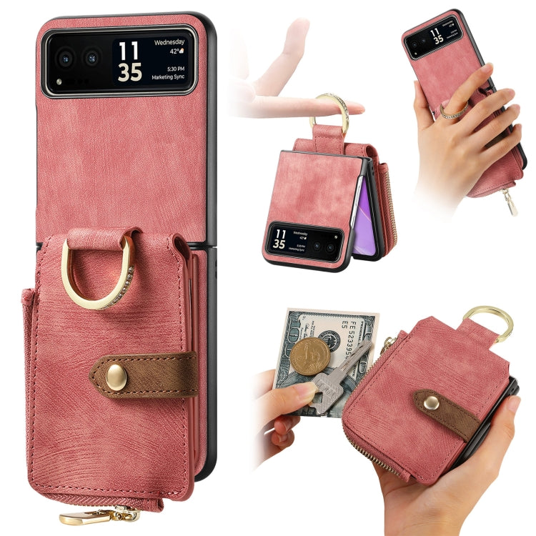 For Motorola Razr 40 Retro Skin-feel Ring Multi-card Wallet Phone Case(Pink) - Motorola Cases by PMC TechLife | Online Shopping South Africa | PMC TechLife | Buy Now Pay Later Mobicred