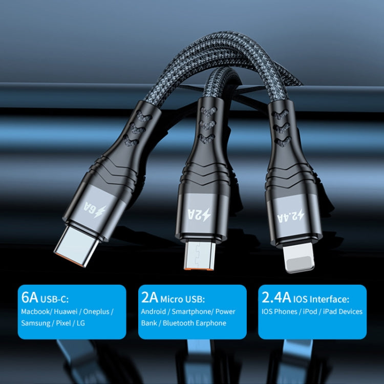 ENKAY 3-in-1 6A USB to Type-C / 8 Pin / Micro USB Multifunction Fast Charging Cable, Cable Length:2m(Grey) - free shipping - PMC Jewellery - Order now!