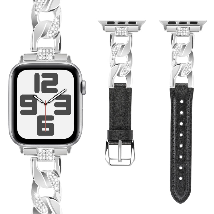 For Apple Watch SE 2023 44mm Rhinestone Denim Chain Leather Watch Band(Black) - free shipping - PMC TechLife - Order now!