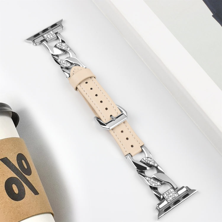 For Apple Watch SE 2023 40mm Rhinestone Denim Chain Leather Watch Band(Apricot) - Watch Bands by PMC TechLife | Online Shopping South Africa | PMC TechLife | Buy Now Pay Later Mobicred