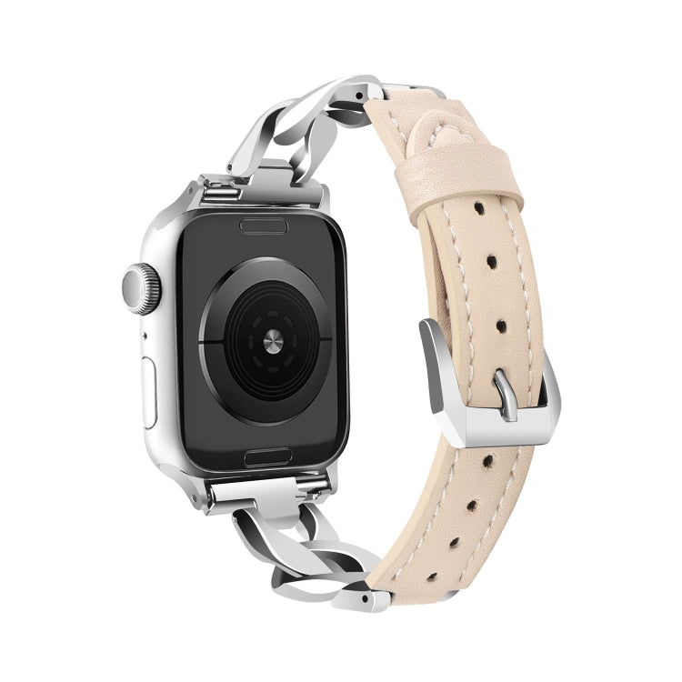 For Apple Watch Ultra 2 49mm Rhinestone Denim Chain Leather Watch Band(Apricot) - Watch Bands by PMC TechLife | Online Shopping South Africa | PMC TechLife | Buy Now Pay Later Mobicred