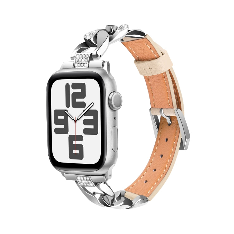 For Apple Watch Series 9 45mm Rhinestone Denim Chain Leather Watch Band(Apricot) - Watch Bands by PMC TechLife | Online Shopping South Africa | PMC TechLife | Buy Now Pay Later Mobicred