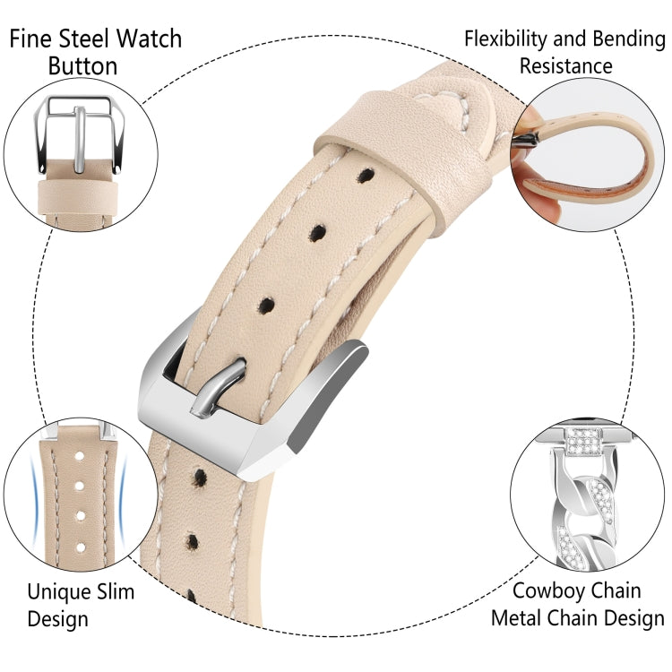 For Apple Watch Series 9 45mm Rhinestone Denim Chain Leather Watch Band(Apricot) - Watch Bands by PMC TechLife | Online Shopping South Africa | PMC TechLife | Buy Now Pay Later Mobicred