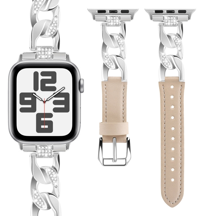 For Apple Watch Series 9 45mm Rhinestone Denim Chain Leather Watch Band(Apricot) - Watch Bands by PMC TechLife | Online Shopping South Africa | PMC TechLife | Buy Now Pay Later Mobicred