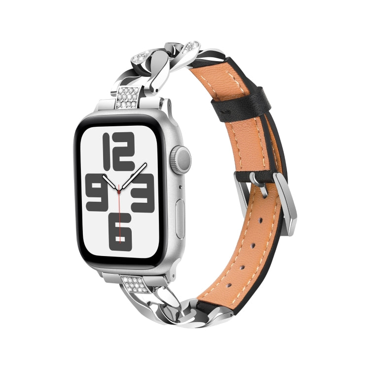 For Apple Watch Series 9 41mm Rhinestone Denim Chain Leather Watch Band(Black) - Watch Bands by PMC TechLife | Online Shopping South Africa | PMC TechLife | Buy Now Pay Later Mobicred