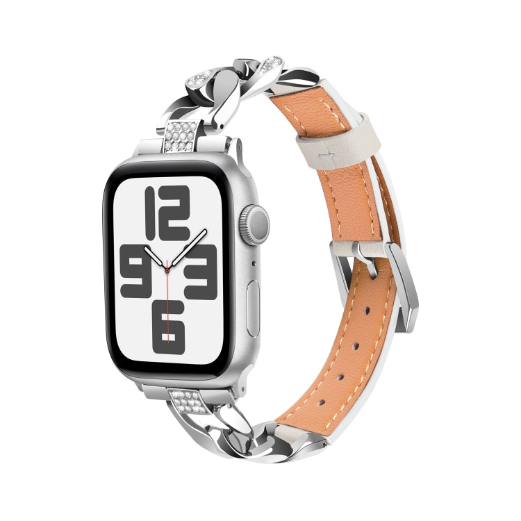 For Apple Watch SE 2022 40mm Rhinestone Denim Chain Leather Watch Band(Beige) - Watch Bands by PMC TechLife | Online Shopping South Africa | PMC TechLife | Buy Now Pay Later Mobicred