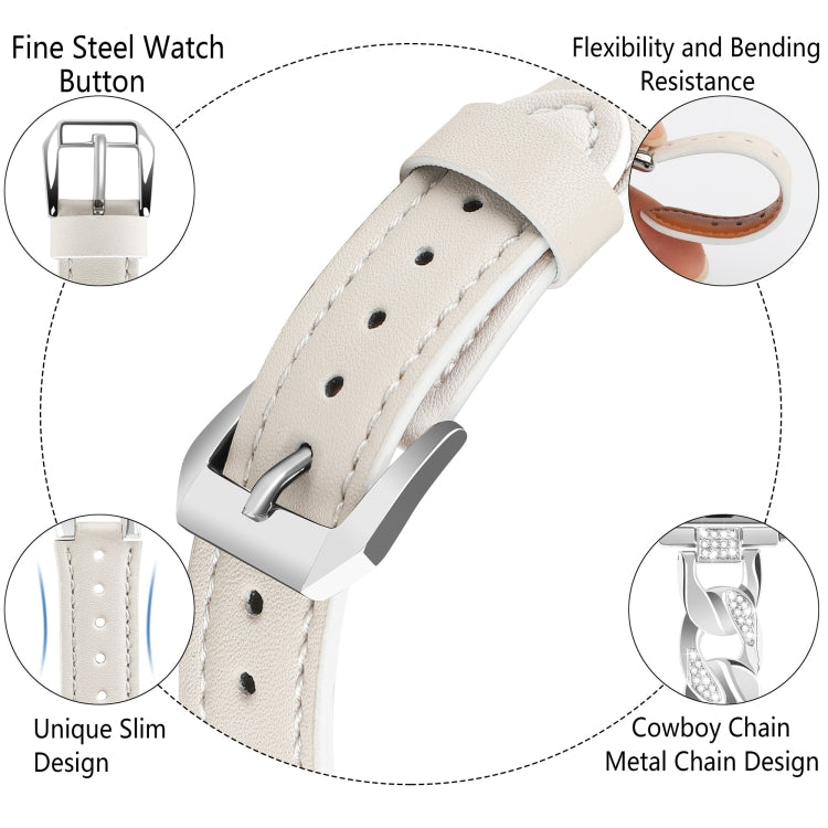 For Apple Watch SE 2022 40mm Rhinestone Denim Chain Leather Watch Band(Beige) - Watch Bands by PMC TechLife | Online Shopping South Africa | PMC TechLife | Buy Now Pay Later Mobicred