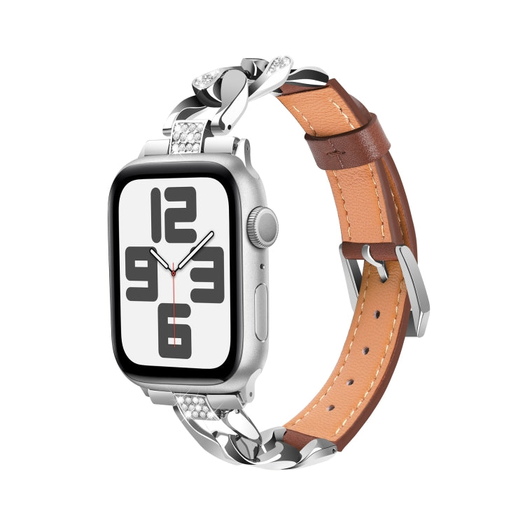 For Apple Watch Series 7 45mm Rhinestone Denim Chain Leather Watch Band(Brown) - Watch Bands by PMC TechLife | Online Shopping South Africa | PMC TechLife | Buy Now Pay Later Mobicred