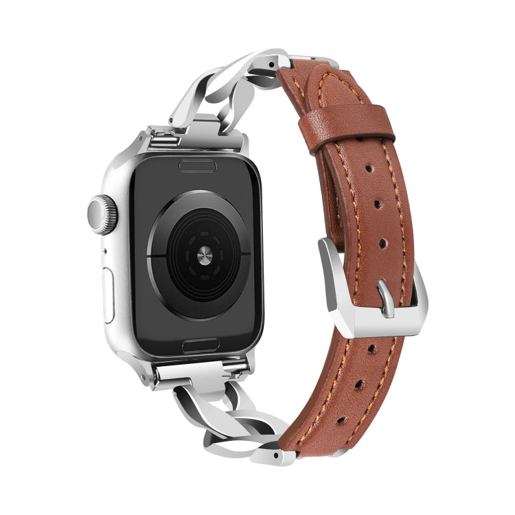 For Apple Watch Series 7 45mm Rhinestone Denim Chain Leather Watch Band(Brown) - Watch Bands by PMC TechLife | Online Shopping South Africa | PMC TechLife | Buy Now Pay Later Mobicred