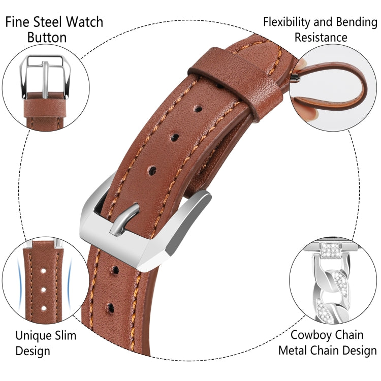 For Apple Watch Series 7 45mm Rhinestone Denim Chain Leather Watch Band(Brown) - Watch Bands by PMC TechLife | Online Shopping South Africa | PMC TechLife | Buy Now Pay Later Mobicred