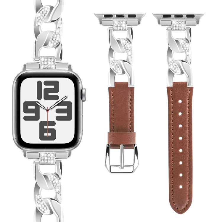 For Apple Watch Series 7 45mm Rhinestone Denim Chain Leather Watch Band(Brown) - Watch Bands by PMC TechLife | Online Shopping South Africa | PMC TechLife | Buy Now Pay Later Mobicred