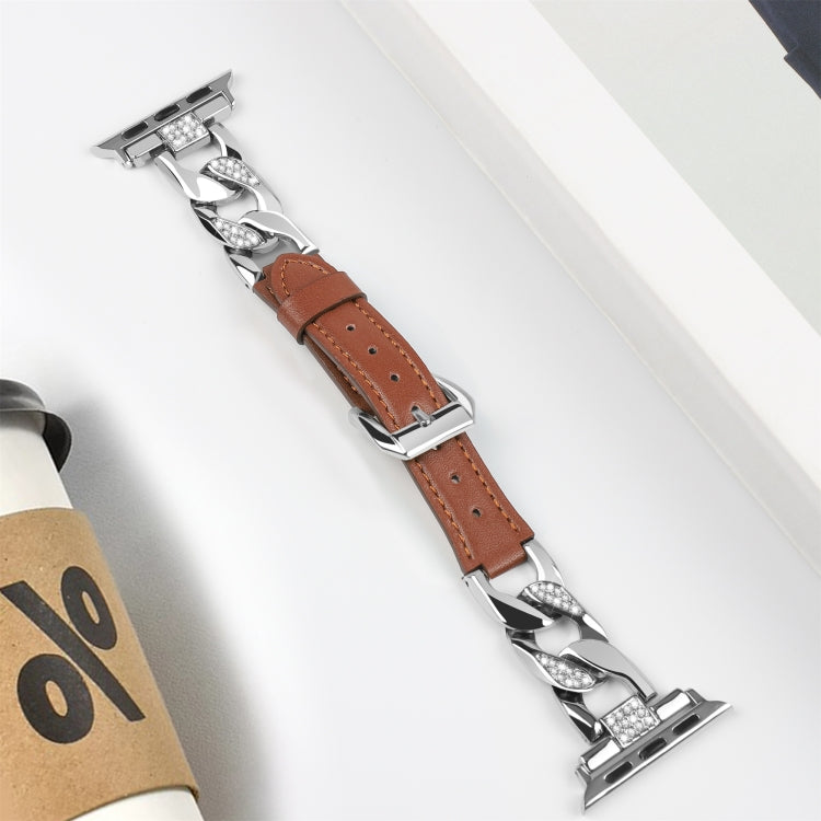 For Apple Watch Series 7 45mm Rhinestone Denim Chain Leather Watch Band(Brown) - Watch Bands by PMC TechLife | Online Shopping South Africa | PMC TechLife | Buy Now Pay Later Mobicred