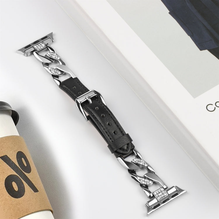 For Apple Watch Series 5 44mm Rhinestone Denim Chain Leather Watch Band(Black) - Watch Bands by PMC TechLife | Online Shopping South Africa | PMC TechLife | Buy Now Pay Later Mobicred