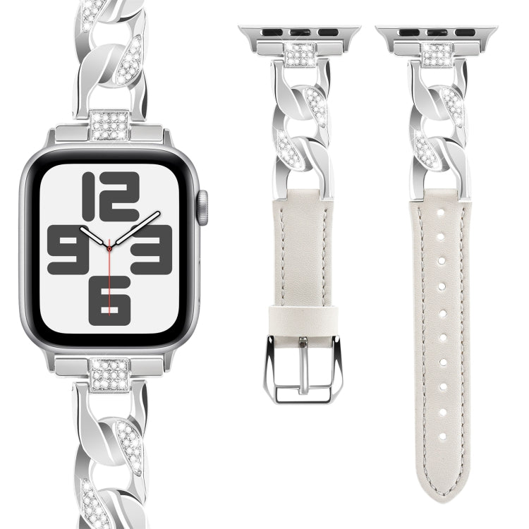 For Apple Watch Series 4 44mm Rhinestone Denim Chain Leather Watch Band(Beige) - Watch Bands by PMC TechLife | Online Shopping South Africa | PMC TechLife | Buy Now Pay Later Mobicred