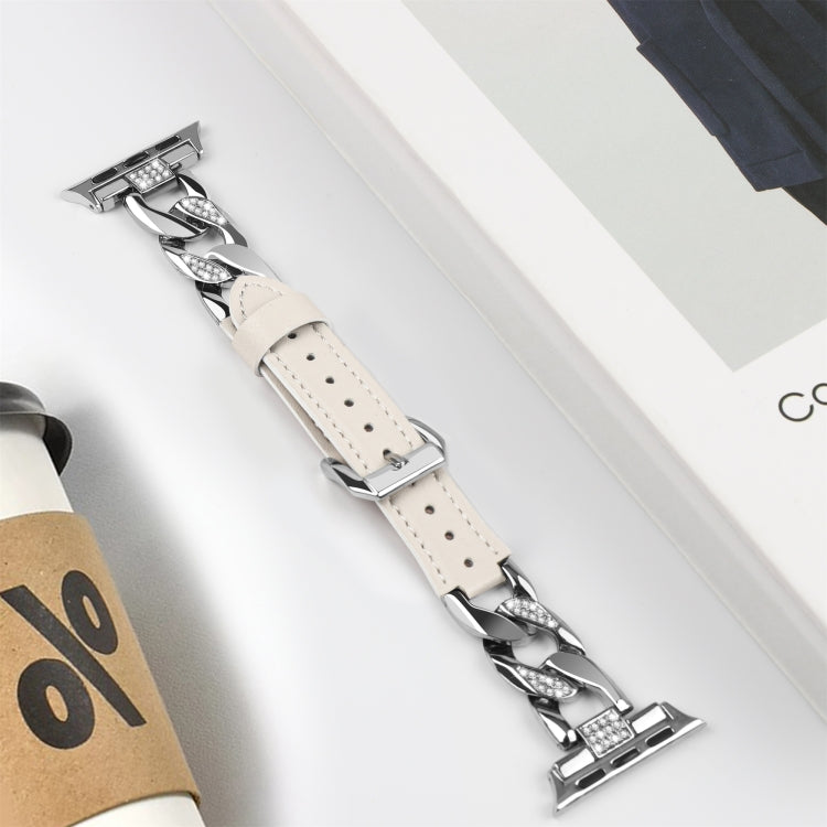 For Apple Watch Series 4 44mm Rhinestone Denim Chain Leather Watch Band(Beige) - Watch Bands by PMC TechLife | Online Shopping South Africa | PMC TechLife | Buy Now Pay Later Mobicred