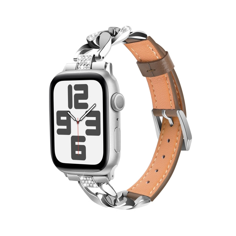 For Apple Watch Series 4 44mm Rhinestone Denim Chain Leather Watch Band(Dark Brown) - Watch Bands by PMC TechLife | Online Shopping South Africa | PMC TechLife | Buy Now Pay Later Mobicred