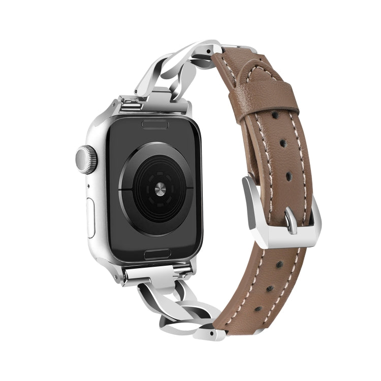 For Apple Watch Series 4 44mm Rhinestone Denim Chain Leather Watch Band(Dark Brown) - Watch Bands by PMC TechLife | Online Shopping South Africa | PMC TechLife | Buy Now Pay Later Mobicred