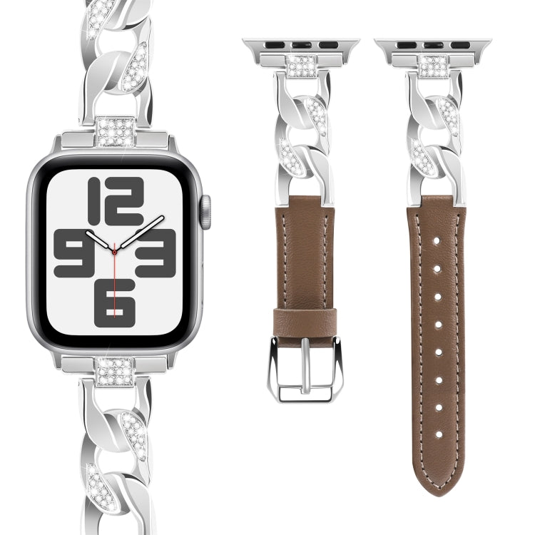 For Apple Watch Series 4 44mm Rhinestone Denim Chain Leather Watch Band(Dark Brown) - Watch Bands by PMC TechLife | Online Shopping South Africa | PMC TechLife | Buy Now Pay Later Mobicred