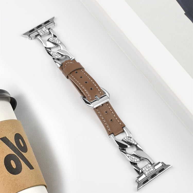 For Apple Watch Series 4 44mm Rhinestone Denim Chain Leather Watch Band(Dark Brown) - Watch Bands by PMC TechLife | Online Shopping South Africa | PMC TechLife | Buy Now Pay Later Mobicred
