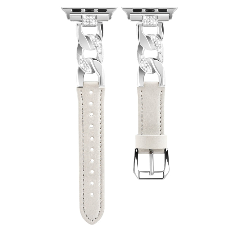 For Apple Watch Series 4 40mm Rhinestone Denim Chain Leather Watch Band(Beige) - Watch Bands by PMC TechLife | Online Shopping South Africa | PMC TechLife | Buy Now Pay Later Mobicred
