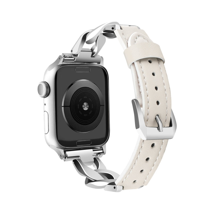 For Apple Watch Series 3 38mm Rhinestone Denim Chain Leather Watch Band(Beige) - Watch Bands by PMC TechLife | Online Shopping South Africa | PMC TechLife | Buy Now Pay Later Mobicred