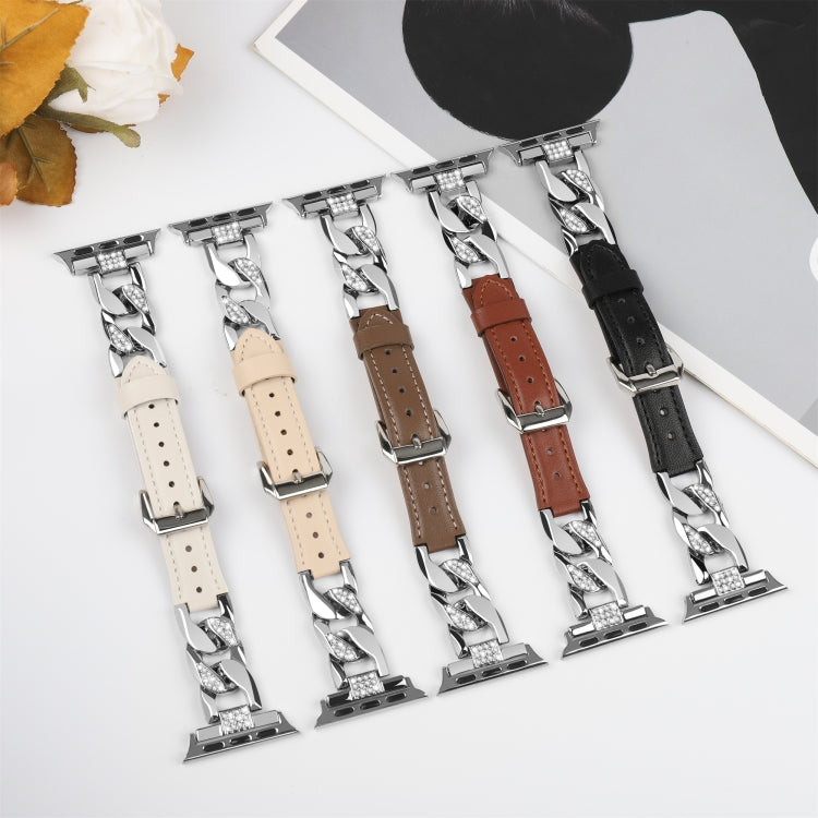 For Apple Watch Series 7 45mm Rhinestone Denim Chain Leather Watch Band(Brown) - Watch Bands by PMC TechLife | Online Shopping South Africa | PMC TechLife | Buy Now Pay Later Mobicred