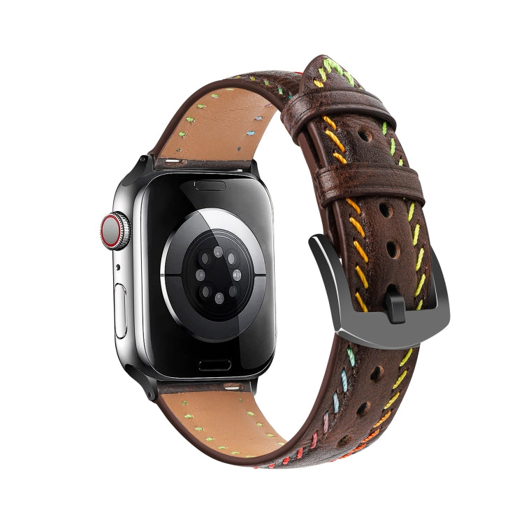 For  Apple Watch SE 2023 44mm Colorful Sewing Thread Leather Watch Band(Dark Brown) - Watch Bands by PMC TechLife | Online Shopping South Africa | PMC TechLife | Buy Now Pay Later Mobicred