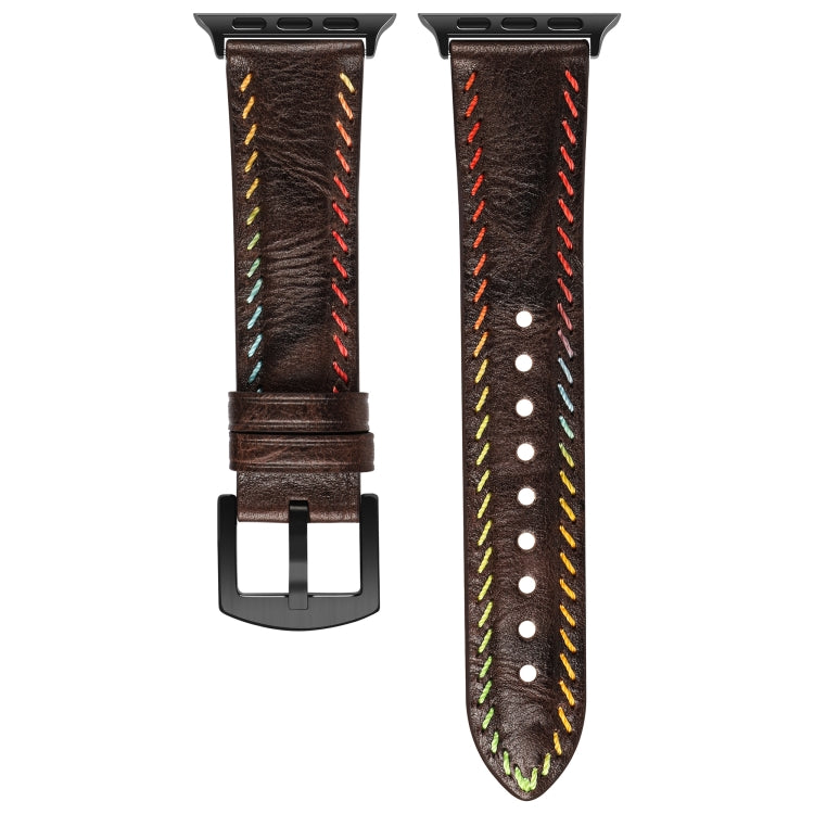 For  Apple Watch SE 2023 44mm Colorful Sewing Thread Leather Watch Band(Dark Brown) - Watch Bands by PMC TechLife | Online Shopping South Africa | PMC TechLife | Buy Now Pay Later Mobicred