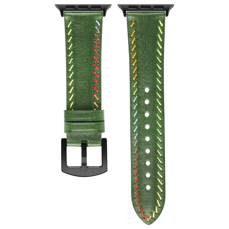 For Apple Watch Series 8 45mm Colorful Sewing Thread Leather Watch Band(Green) - Watch Bands by PMC TechLife | Online Shopping South Africa | PMC TechLife