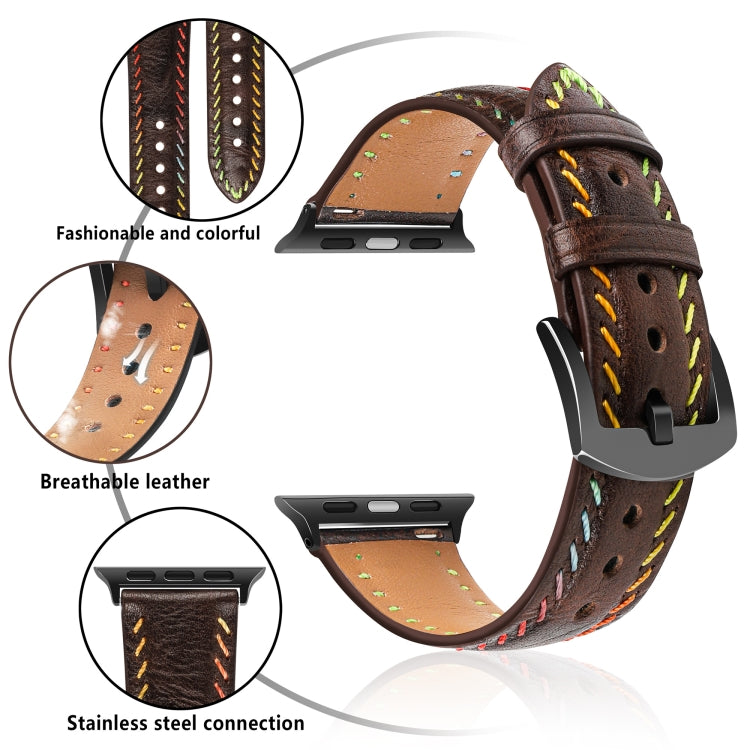 For Apple Watch Series 7 45mm Colorful Sewing Thread Leather Watch Band(Dark Brown) - Watch Bands by PMC TechLife | Online Shopping South Africa | PMC TechLife