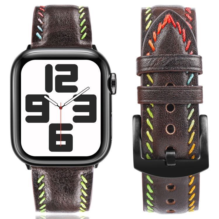 For Apple Watch Series 7 45mm Colorful Sewing Thread Leather Watch Band(Dark Brown) - Watch Bands by PMC TechLife | Online Shopping South Africa | PMC TechLife