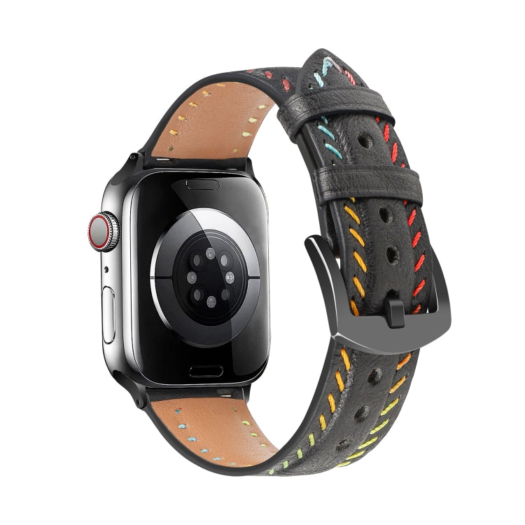 For  Apple Watch Series 5 40mm Colorful Sewing Thread Leather Watch Band(Black) - Watch Bands by PMC TechLife | Online Shopping South Africa | PMC TechLife