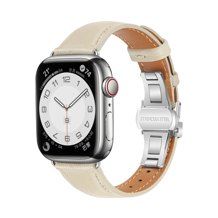 For Apple Watch SE 2023 44mm Plain Leather Butterfly Buckle Watch Band(Beige+Silver) - free shipping - PMC TechLife - Order now!