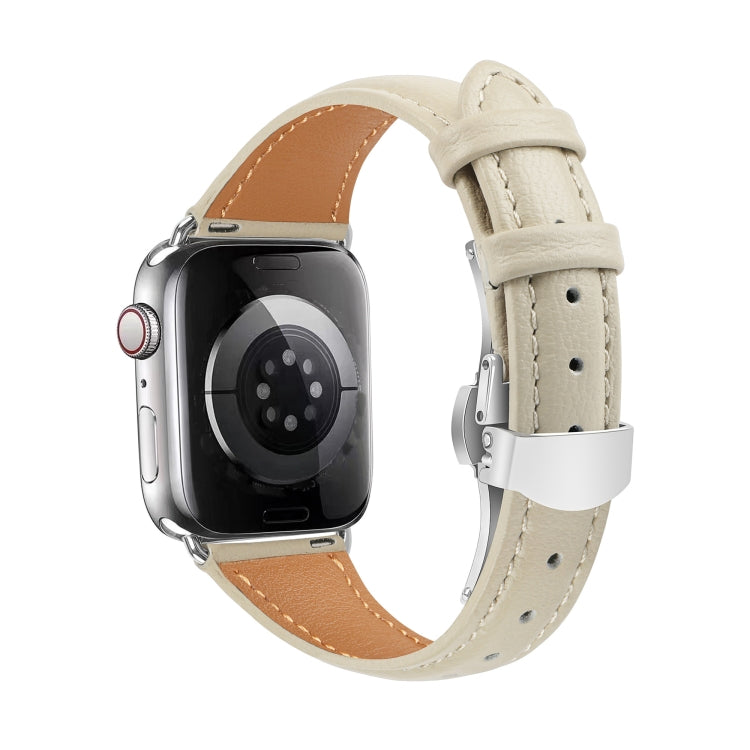 For Apple Watch SE 2023 44mm Plain Leather Butterfly Buckle Watch Band(Beige+Silver) - free shipping - PMC TechLife - Order now!