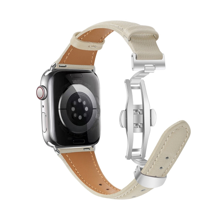 For Apple Watch SE 2023 44mm Plain Leather Butterfly Buckle Watch Band(Beige+Silver) - free shipping - PMC TechLife - Order now!