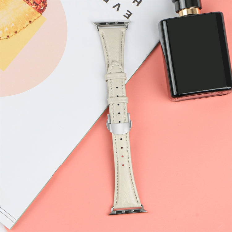 For Apple Watch SE 2023 44mm Plain Leather Butterfly Buckle Watch Band(Beige+Silver) - free shipping - PMC TechLife - Order now!