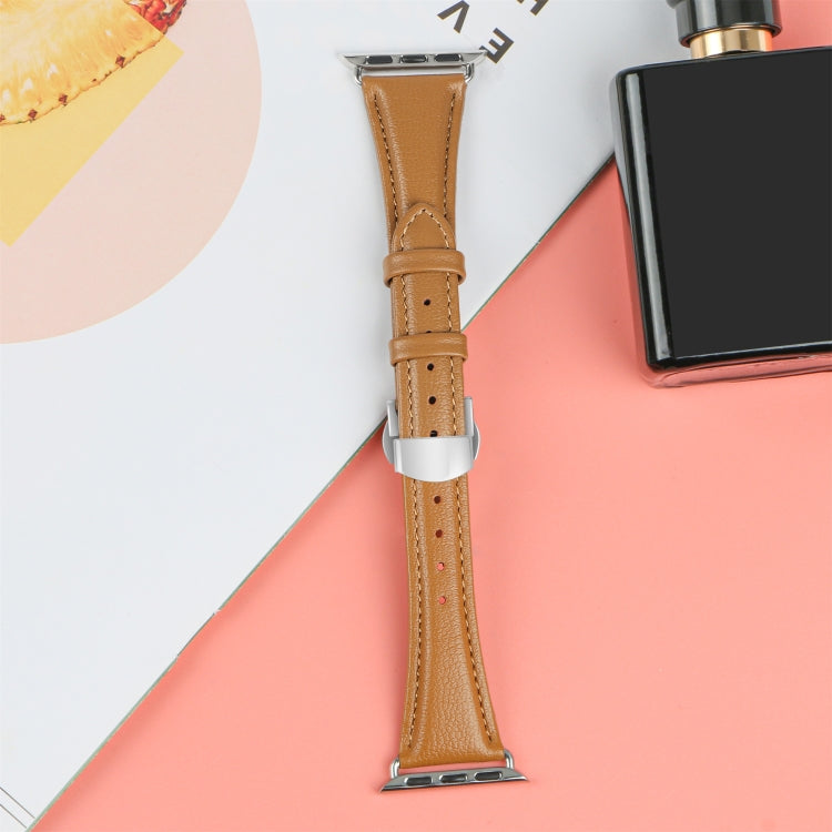For Apple Watch SE 2023 44mm Plain Leather Butterfly Buckle Watch Band(Brown+Silver) - free shipping - PMC TechLife - Order now!
