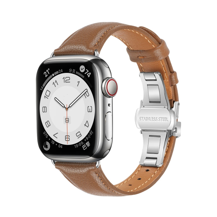 For Apple Watch Ultra 2 49mm Plain Leather Butterfly Buckle Watch Band(Dark Brown+Silver) - free shipping - PMC TechLife - Order now!