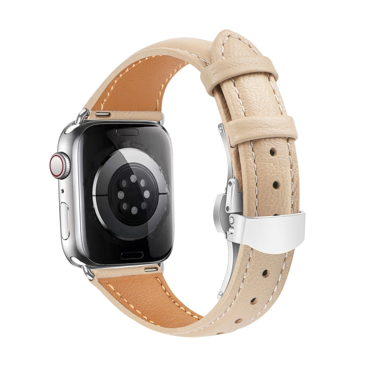 For Apple Watch Series 9 45mm Plain Leather Butterfly Buckle Watch Band(Apricot+Silver) - free shipping - PMC TechLife - Order now!