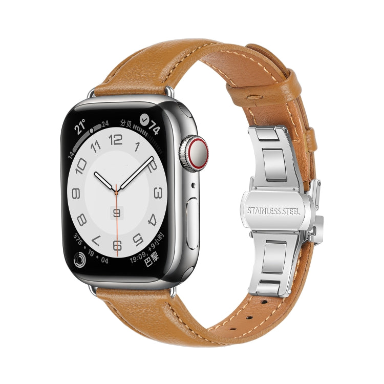 For Apple Watch Series 9 41mm Plain Leather Butterfly Buckle Watch Band(Brown+Silver) - free shipping - PMC TechLife - Order now!
