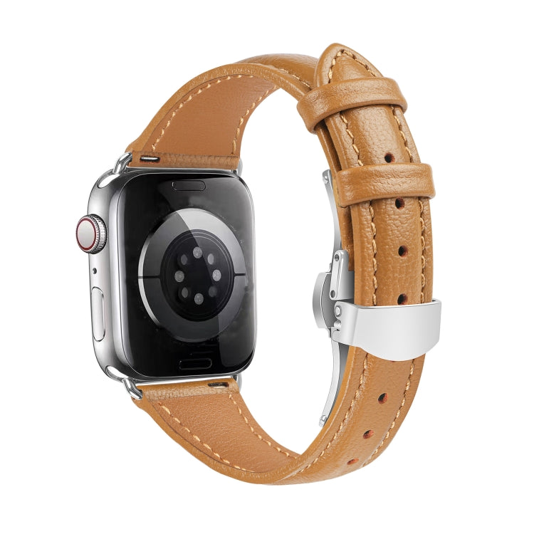 For Apple Watch Series 9 41mm Plain Leather Butterfly Buckle Watch Band(Brown+Silver) - free shipping - PMC TechLife - Order now!