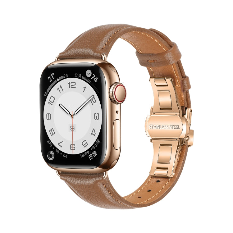 For Apple Watch Series 9 41mm Plain Leather Butterfly Buckle Watch Band(Dark Brown+Rose Gold) - free shipping - PMC TechLife - Order now!