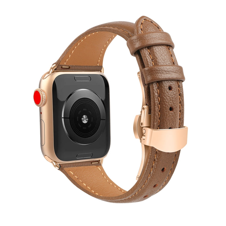 For Apple Watch Series 9 41mm Plain Leather Butterfly Buckle Watch Band(Dark Brown+Rose Gold) - free shipping - PMC TechLife - Order now!