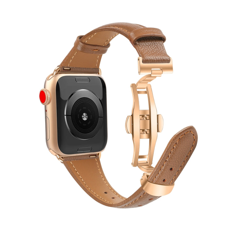 For Apple Watch Series 9 41mm Plain Leather Butterfly Buckle Watch Band(Dark Brown+Rose Gold) - free shipping - PMC TechLife - Order now!