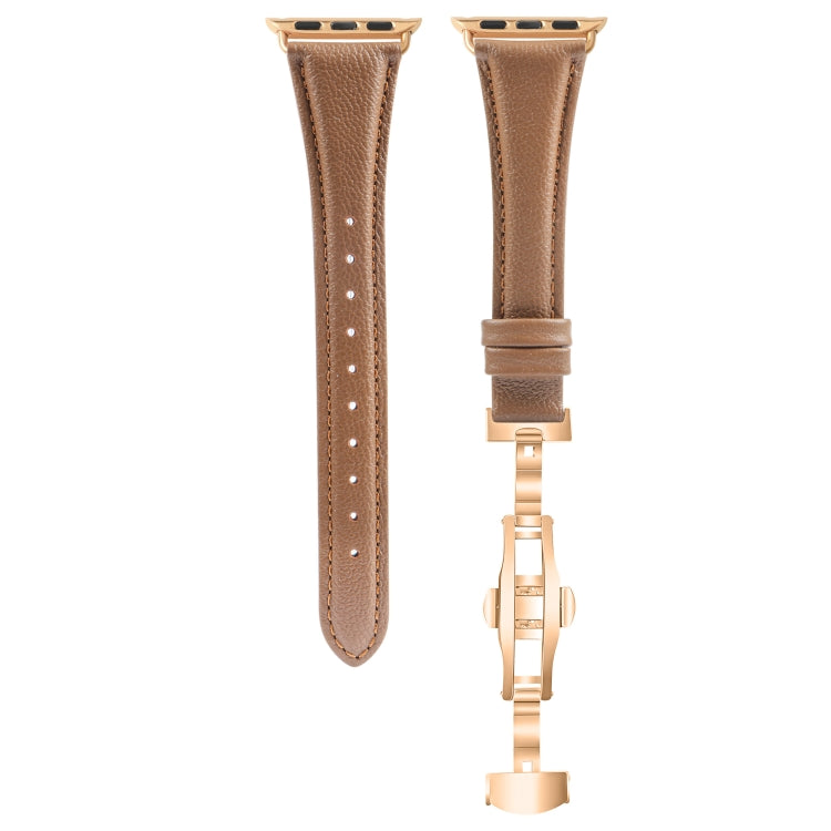 For Apple Watch Series 9 41mm Plain Leather Butterfly Buckle Watch Band(Dark Brown+Rose Gold) - free shipping - PMC TechLife - Order now!