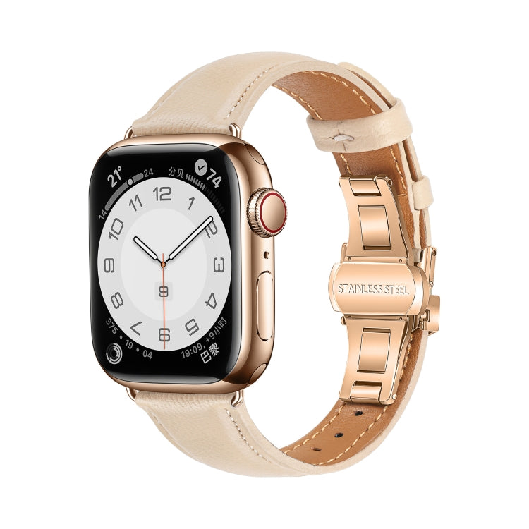 For Apple Watch Series 9 41mm Plain Leather Butterfly Buckle Watch Band(Apricot+Rose Gold) - free shipping - PMC TechLife - Order now!