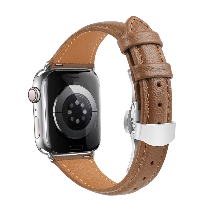 For Apple Watch Ultra 49mm Plain Leather Butterfly Buckle Watch Band(Dark Brown+Silver) - free shipping - PMC TechLife - Order now!